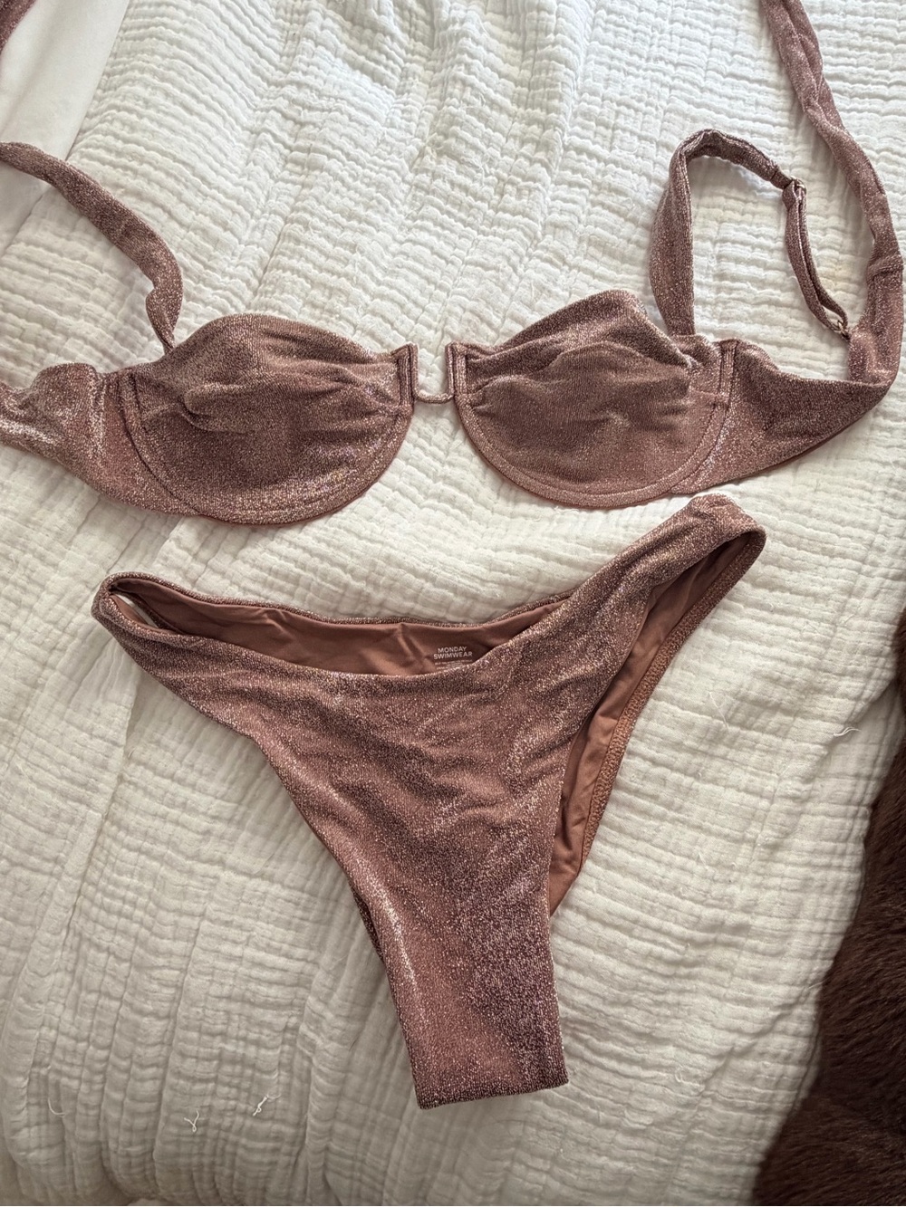 Monday Swimwear Shimmery Rose Gold Bikini Set